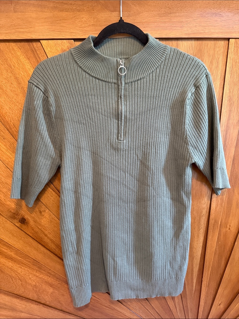 Ribbed Knitted Half-Zip Polo Shirt - Aqua Olive Green